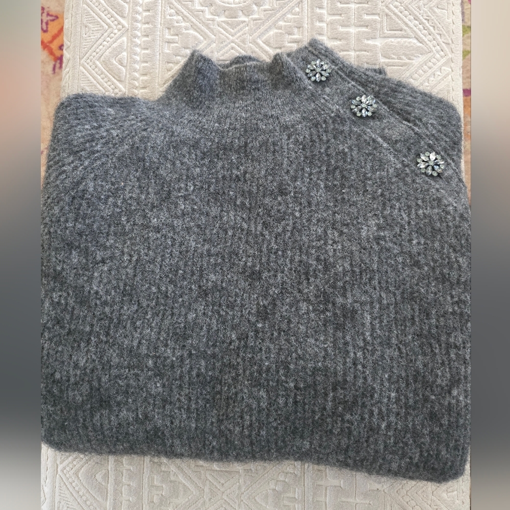 SÉZANE Trudy Mock Neck Mohair Jeweled Sweater Mottled Grey XS Like New Runs Big - Picture 7 of 14